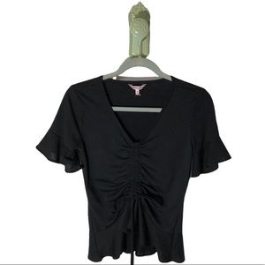 𝅺Juicy Couture NEW Ruched y2k 90s Ruffle Sleeve Corset Tie Poet Shirt Black